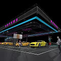Modern Luxury Car Exhibition Hall Featuring Yellow Sports Cars Purple Blue Lighting And Visitors