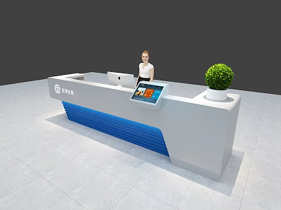 Modern Bosch Reception Desk Featuring White Blue Design Tablet And Small Plant 3d model