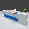 Modern Bosch Reception Desk Featuring White Blue Design Tablet And Small Plant