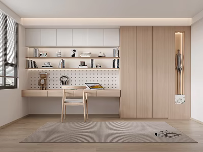 Modern Study Interior Design With Wall-mounted Bookshelves Writing Desk Wooden Chair Window And Area Rug 3d model