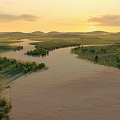 Scenic Sunset Over Vast River Wetlands With Lush Green Trees And Rolling Hills