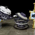 Traditional Chinese Blue and White Porcelain Teapot Bowl with Floral Patterns and Golden Lanterns