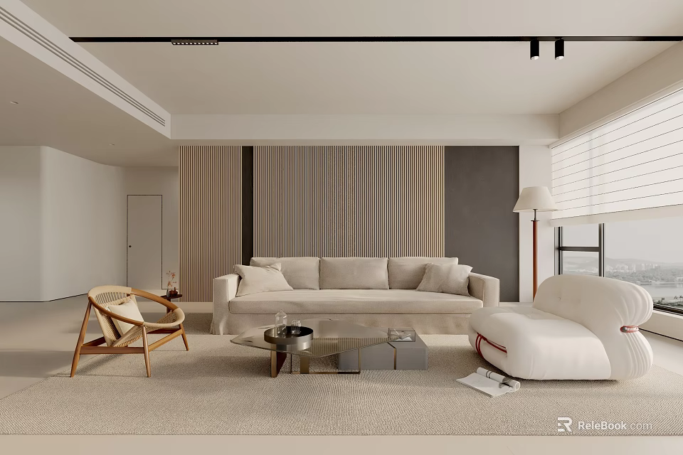 Modern Living Room Interior Design With Beige Sofa Wooden Chair Coffee Table And Floor Lamp 3d model 