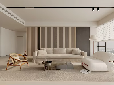 Modern Living Room Interior Design With Beige Sofa Wooden Chair Coffee Table And Floor Lamp 3d model