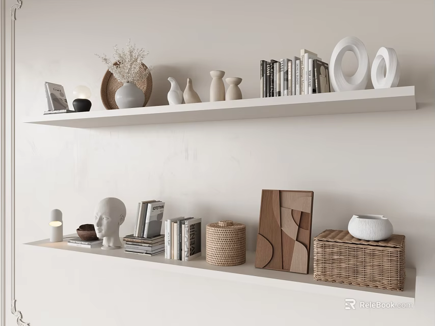 Minimalist Modern Decorative Ornaments Set On White Shelves With Vases Books And Woven Baskets 3d model 