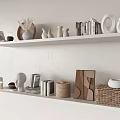 Minimalist Modern Decorative Ornaments Set On White Shelves With Vases Books And Woven Baskets