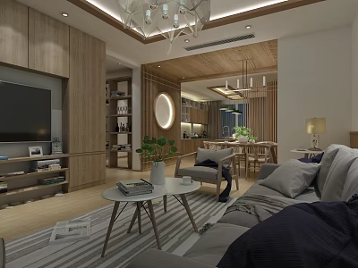 Modern Living and Dining Room Interior With Wooden Furniture Chandelier Round Mirror And Green Plants 3d model