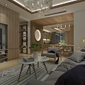 Modern Living and Dining Room Interior With Wooden Furniture Chandelier Round Mirror And Green Plants