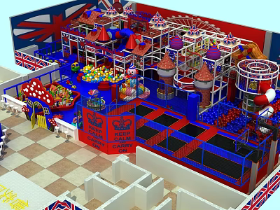 Indoor Playground Equipment With Red Blue Design Castle Towers Ball Pit Trampoline Area Climbing Structures 3d model