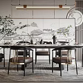Modern Restaurant Interior Featuring Round Dining Table Hanging Lights And Landscape Decor