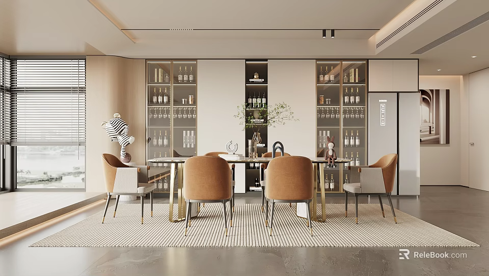 Modern Restaurant Interior With Dining Table Chairs Wine Cabinets And Green Plants 3d model 