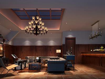 Elegant KTV Lounge Interior With Skylight Wooden Walls Chandeliers Sofa And Bar 3d model