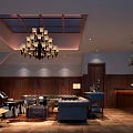 Elegant KTV Lounge Interior With Skylight Wooden Walls Chandeliers Sofa And Bar