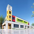 Modern School Building With Clock Tower And Colorful Facade In Front Of Plaza And Lawn