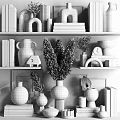 Modern Minimalist Decorative Ornaments Set With Vases Dried Pampas Sculptures And Books On Shelves