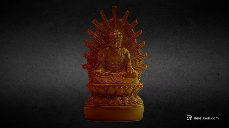Exquisite Buddha Sculpture With Wooden Lotus Base And Radiant Back Decorations 3d model 