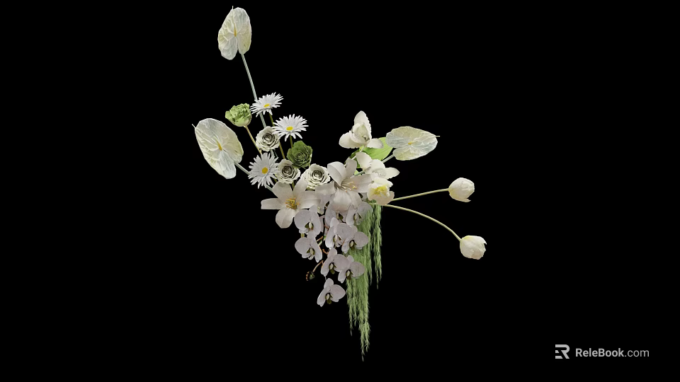 Exquisite Floral Installation With White Blooms Green Foliage And Hanging Artistic Details 3d model 