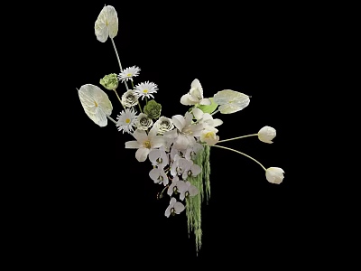 Exquisite Floral Installation With White Blooms Green Foliage And Hanging Artistic Details 3d model