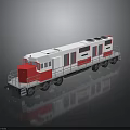 Red and White Industrial Train With Multiple Windows And Metal Wheels On Reflective Surface 3d model