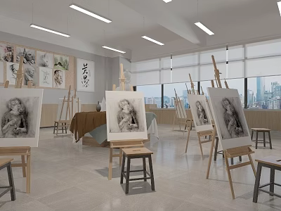 School Art Studio With Easels Sketch Drawings Artworks On Wall Windows And City View Stools 3d model