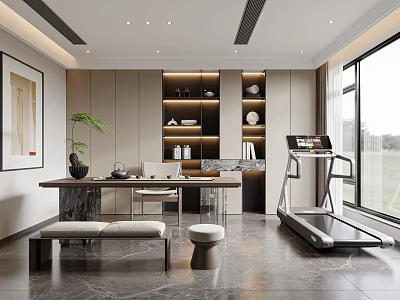 Modern Tea Room Interior With Table Seats Plant And Cabinets 3d model