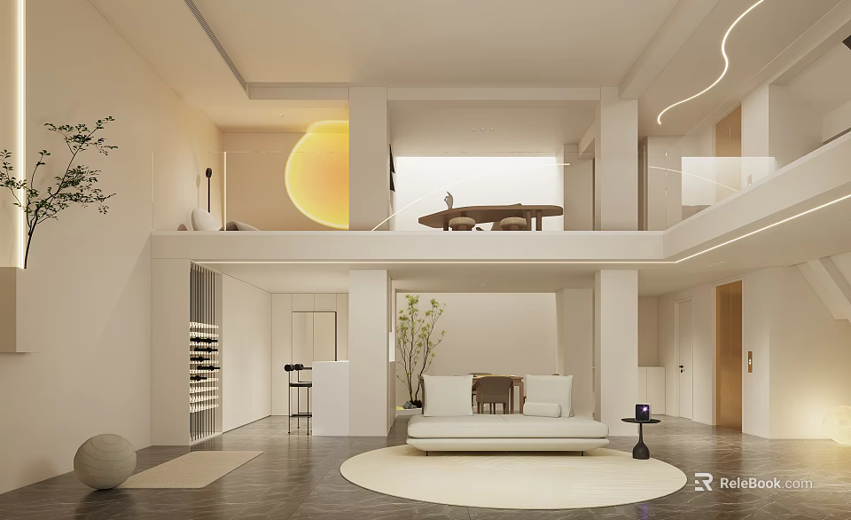 Minimalist Modern Loft Living Room With Sofa And Round Rug 3d model 