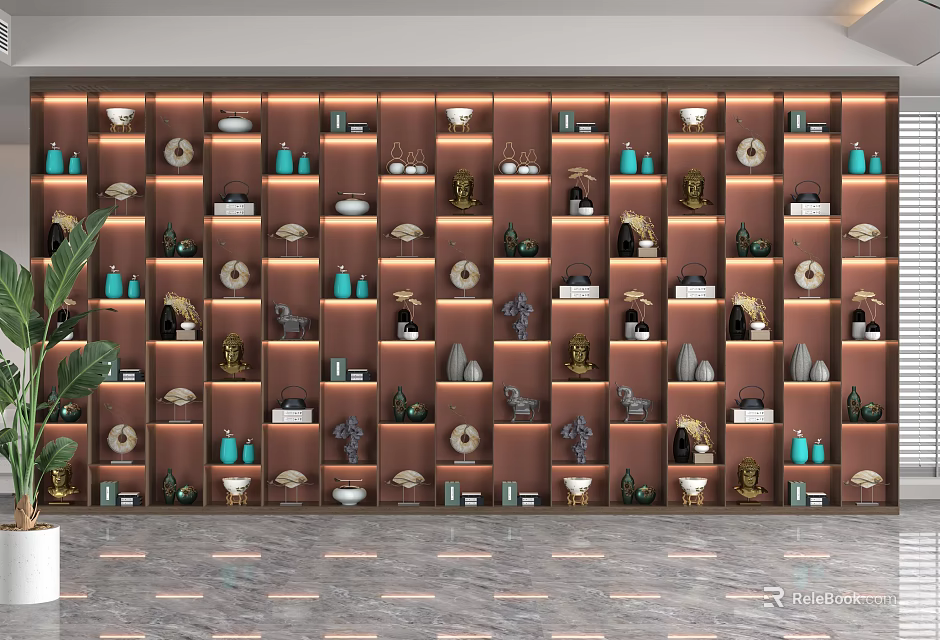 Stylish Brown Shelving Unit With Decorative Tea Sets Vases And Green Plants On Marble Floor 3d model 