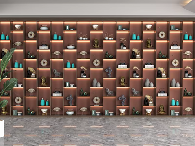 Stylish Brown Shelving Unit With Decorative Tea Sets Vases And Green Plants On Marble Floor 3d model