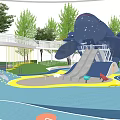 Kids Play Area Design With Net Stairs Blue Canopies Colorful Flooring And Green Plant