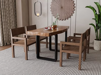 Wooden Dining Table Set with Armchairs Black Metal Legs and Decorative Plate 3d model