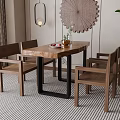 Wooden Dining Table Set with Armchairs Black Metal Legs and Decorative Plate