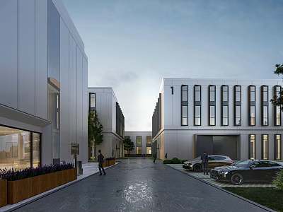 Modern Industrial Factory Building Exterior With Wide Roadway Parked Vehicles And Green Plants 3d model