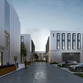 Modern Industrial Factory Building Exterior With Wide Roadway Parked Vehicles And Green Plants