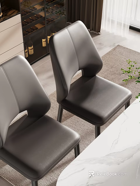 Modern Black Leather Dining Set Featuring Marble Top Table And Chairs 3d model