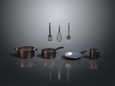 Modern Kitchen Living Supplies Set With Pots Pans Spatula Whisk And Coffee Mug 3d model
