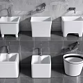 White Bathroom Sinks and Toilet with Gray Tile Walls and Floor Modern Design