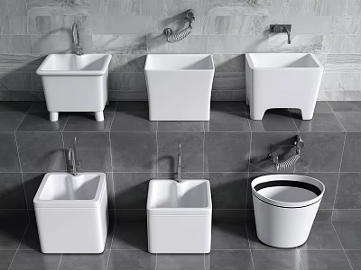 White Bathroom Sinks and Toilet with Gray Tile Walls and Floor Modern Design 3d model