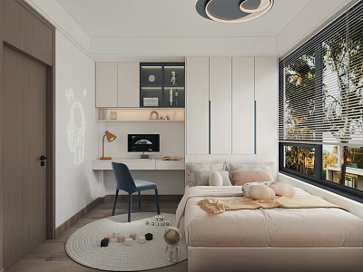 Modern Tatami Bedroom Interior With Tatami Bed Desk Chair Storage Cabinets And Round Rug 3d model