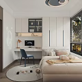 Modern Tatami Bedroom Interior With Tatami Bed Desk Chair Storage Cabinets And Round Rug