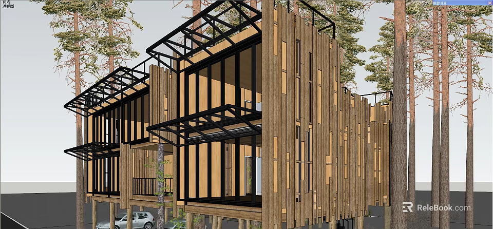 Modern Wooden Building Exterior With Black Frames Glass Windows And Tree Surroundings 3d model 