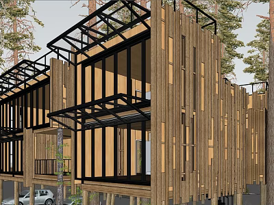 Modern Wooden Building Exterior With Black Frames Glass Windows And Tree Surroundings 3d model