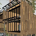 Modern Wooden Building Exterior With Black Frames Glass Windows And Tree Surroundings