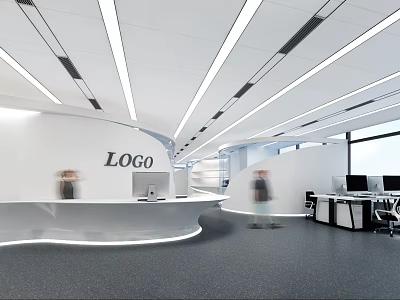 Modern Office Corridor Interior Design With Reception Desk LOGO People Walking Workstations 3d model