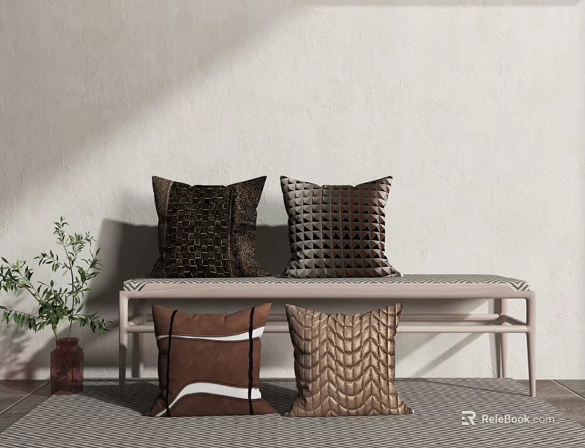Decorative Throw Pillows With Textured Patterns On Bench For Living Room Decor 3d model