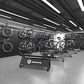 Bike Store Interior With Bicycles On Walls Floor Stands And Ceiling Lights