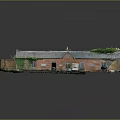 Old Red Brick Building with Gray Roof Plants White Shed Grass Blue Boats Near Waterfront