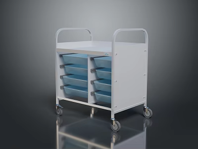 Industrial Mobile Storage Cart With White Frame Blue Compartments Top Shelf And Wheels 3d model
