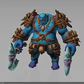 Muscular Blue Skinned Fantasy Ogre With Brown Straps And Dual Blue Bladed Weapons