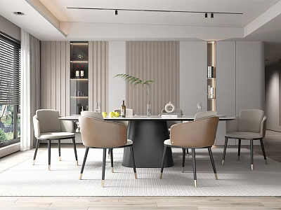 Modern Restaurant Interior Design With Round Dining Table Gray Chairs And Minimalist Pendant Lights 3d model