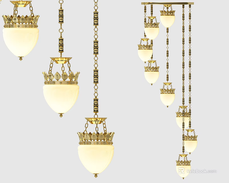 Vintage Style Chandeliers With Golden Chains And White Glass Shades For Interior Decoration 3d model 